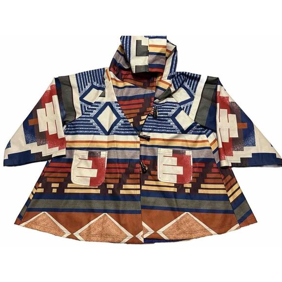 AZTEC PRINT ￼ Womens Hooded Poncho Coat Lined Horn Buttons Closure 3XL Warm - Picture 3 of 15